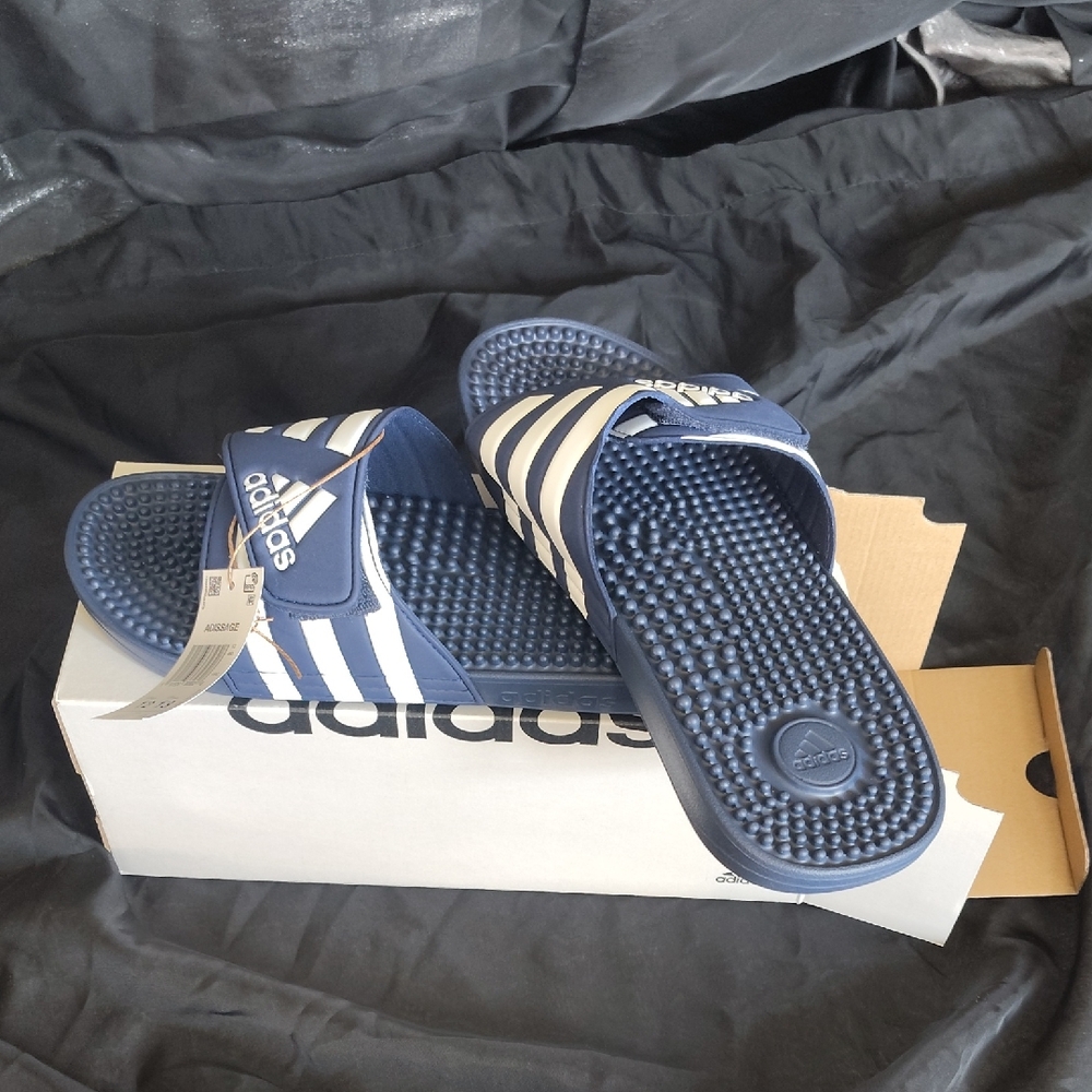 Adidas Navy and White Striped Slides